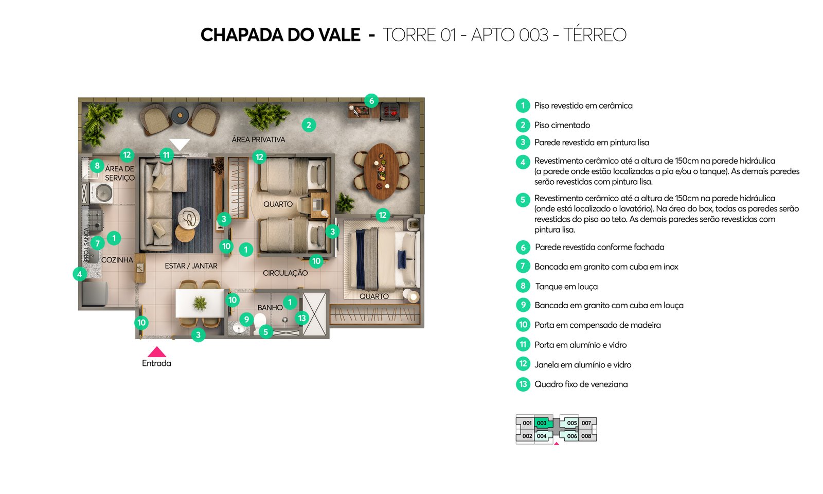 Planta baixa Chapada do Vale, térreo com área privativa (quintal) sem suíte